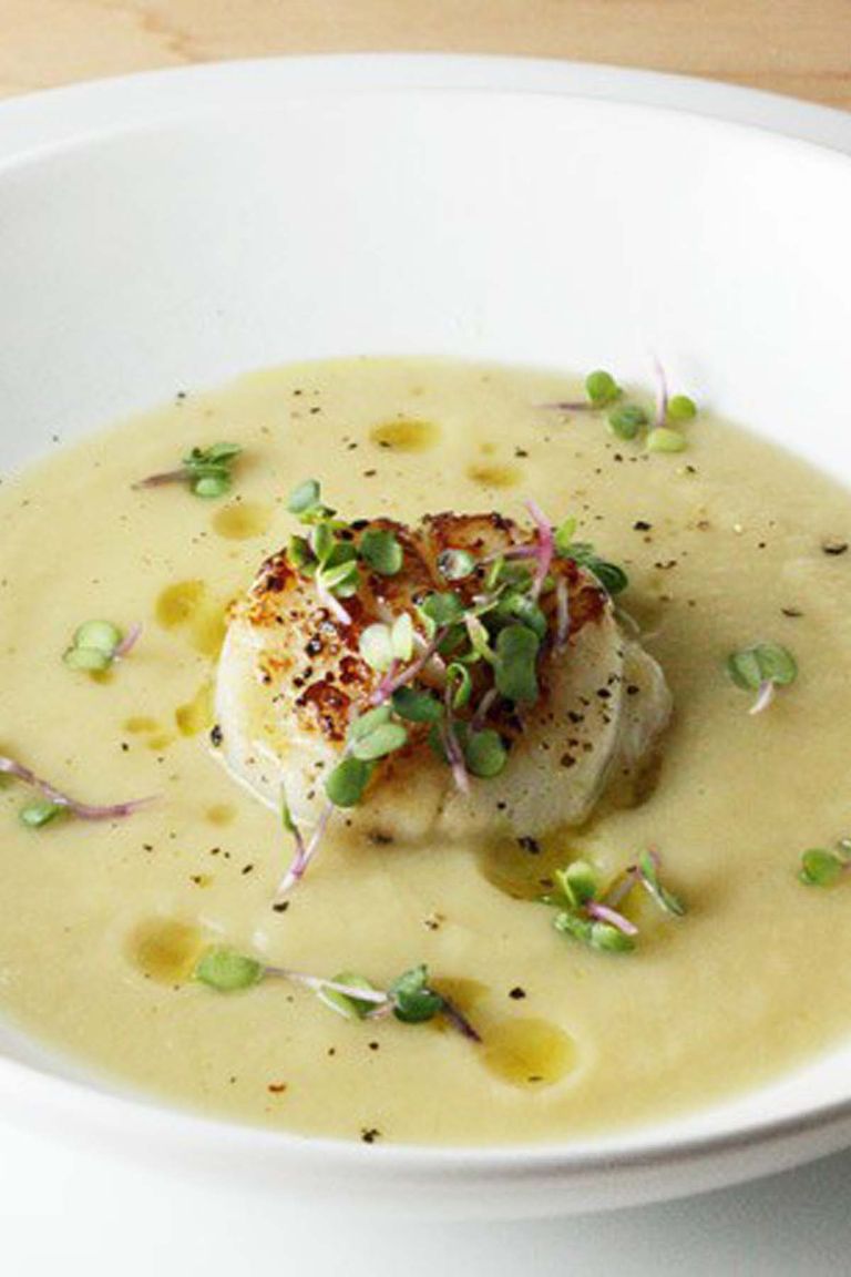 Parsnip, Pear, and Maple Soup with Seared Scallops.