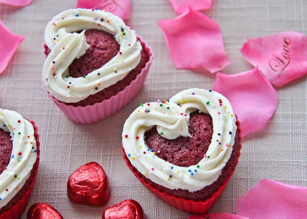 Red Velvet Heart Cupcakes With Cream Cheese Frosting.