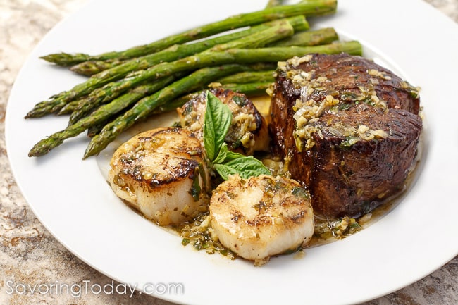 Scampi-Style Steak & Scallops with Roasted Asparagus