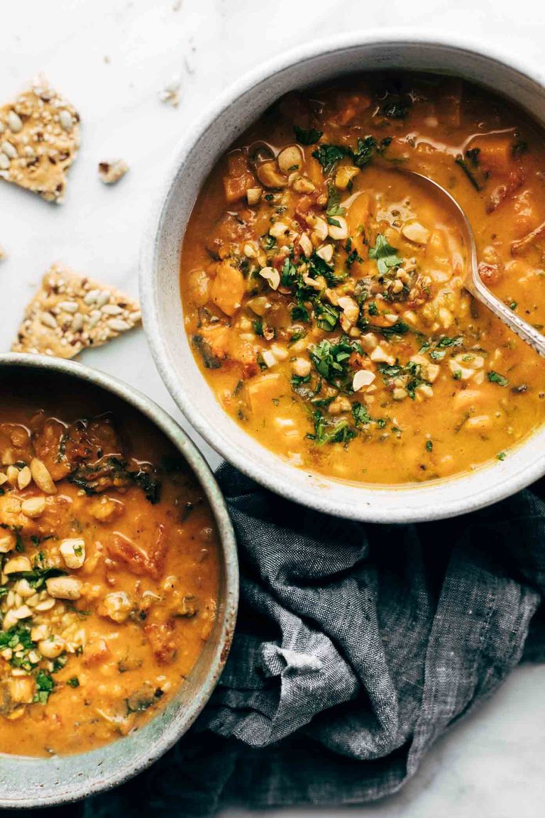 Spicy Peanut Soup With Sweet Potato and Kale.