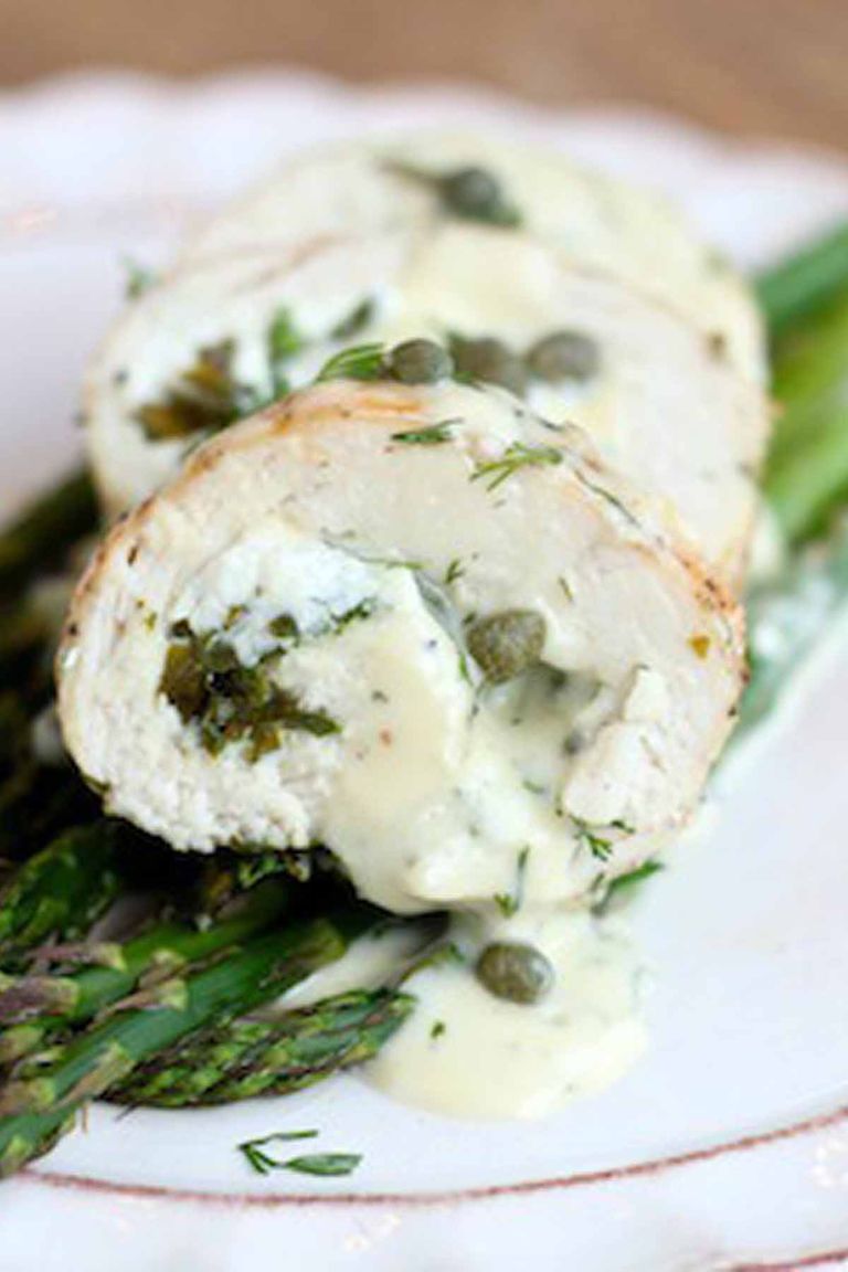 Spinach and Goat Cheese Stuffed Chicken Breast with Roasted Asparagus.