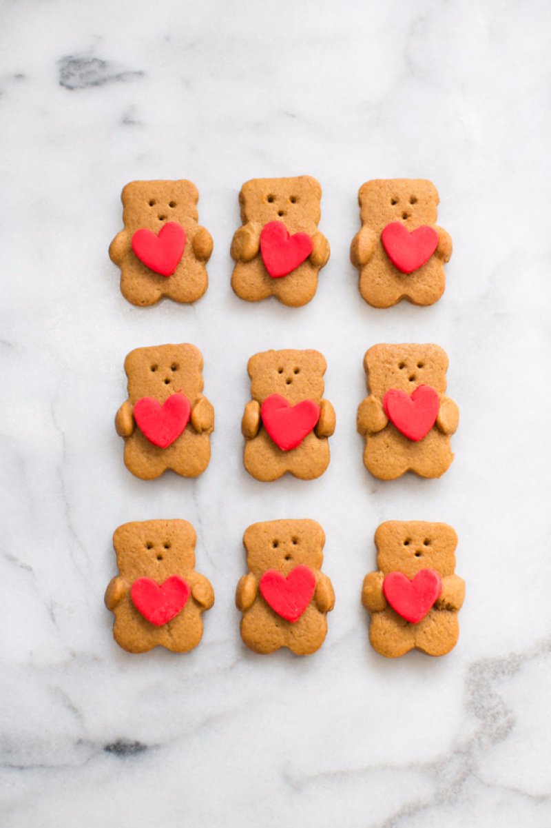 Valentine Bear Holding Heart Cookies.