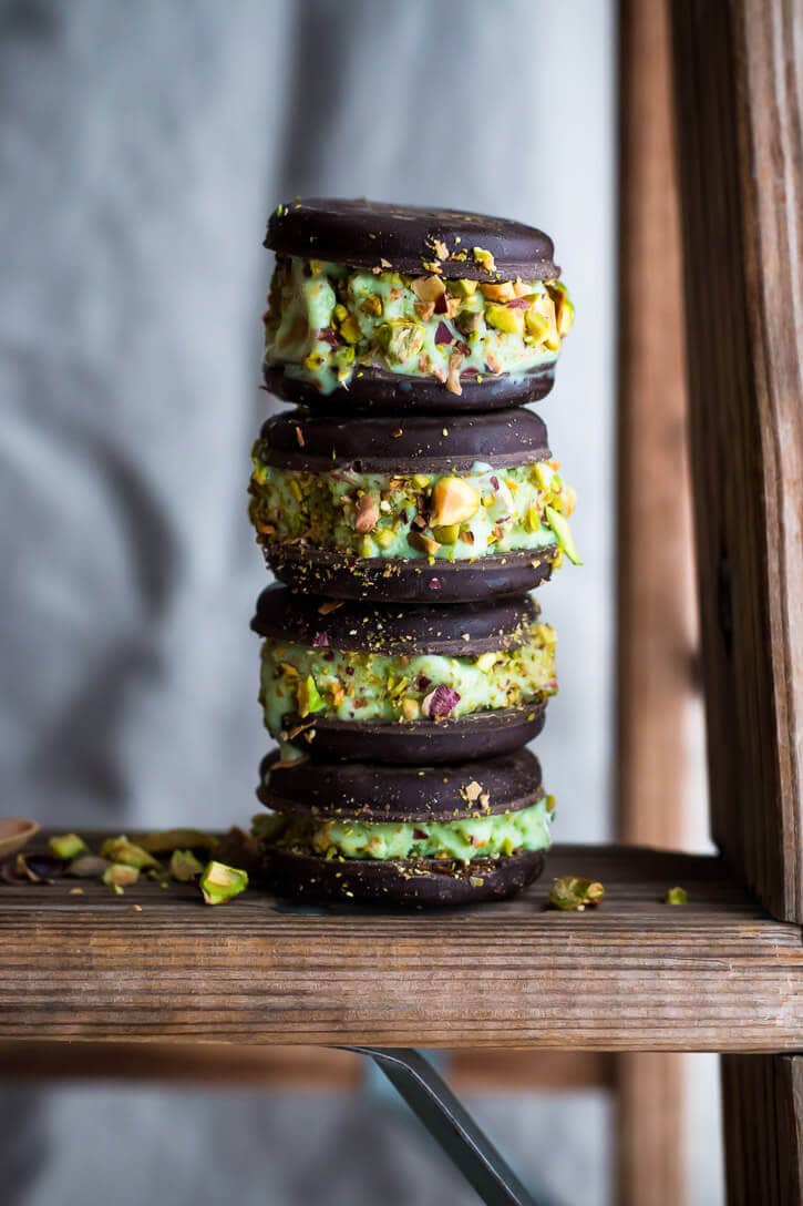 Pistachio Ice Cream Sandwiches with Thin Mint Cookies via Meg is Well