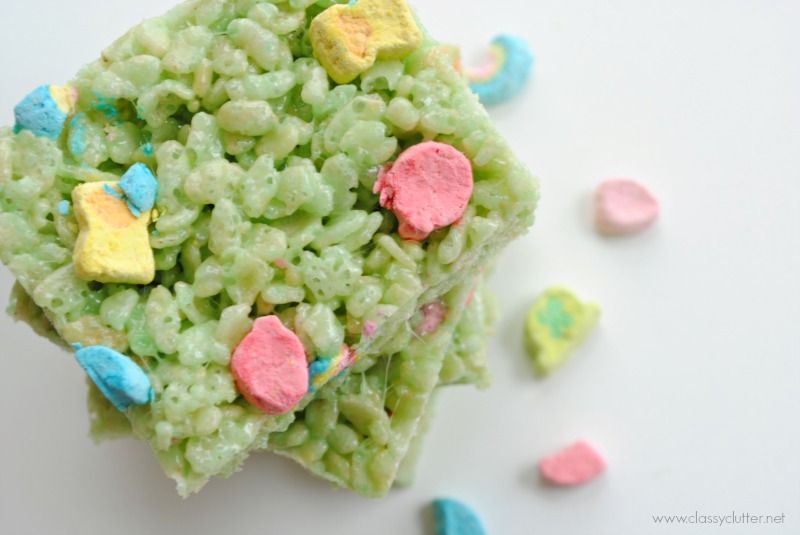 Rice Krispie Treats with Lucky Charms Marshmallows.