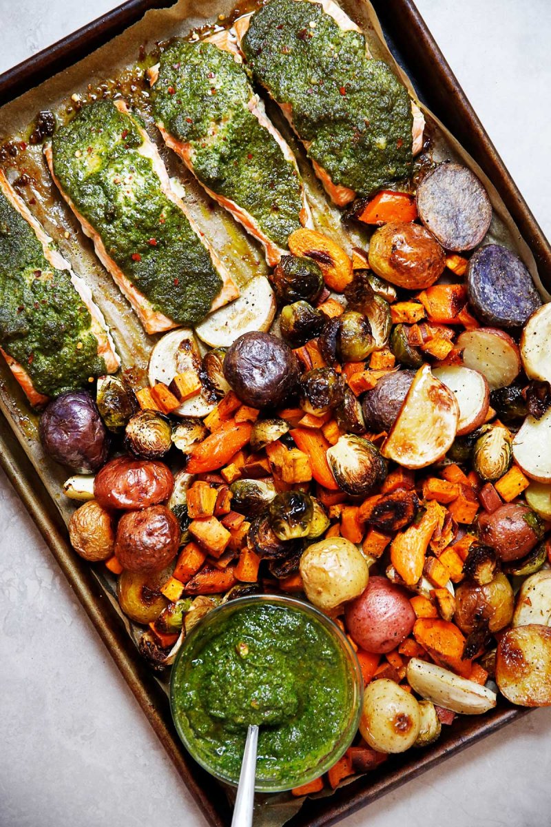 Sheet Pan Root Vegetable and Sage Pesto Salmon from Lexis Clean Kitchen